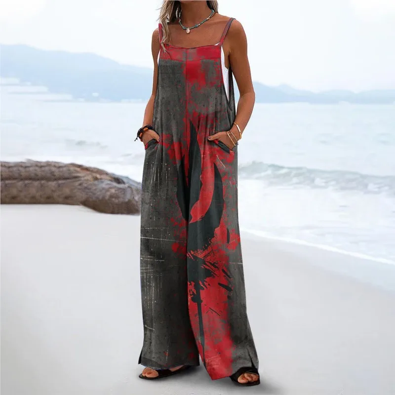 Floral Printed New Jumpsuits Women's Loose Pantalones Ccasual Vintage Sexy Backless Pocket Bodysuits For Lady 2024 Spring Summer