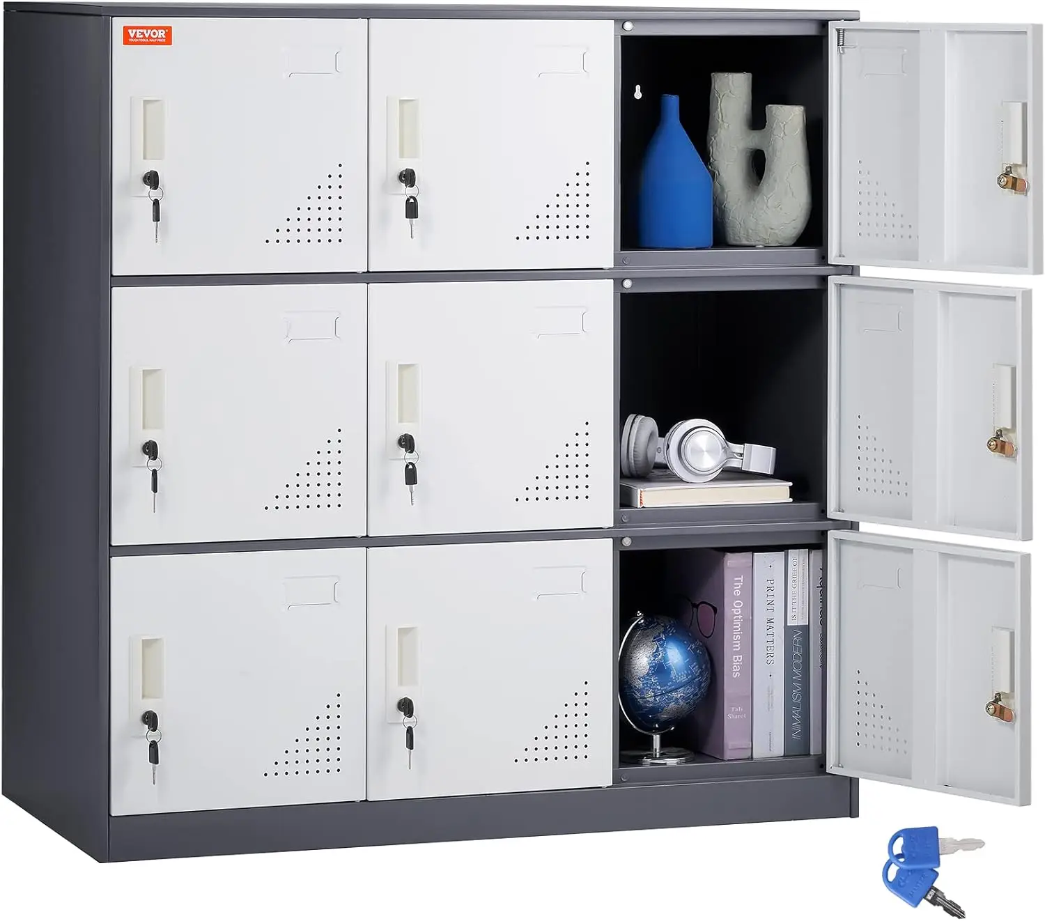 

Metal Locker for Employees, 9 Doors Storage Cabinet with Card Slot, Gray Steel Employee Lockers with Keys, 66lbs Loading Capacit