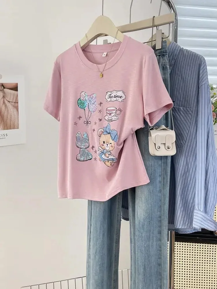 Cute Bear Balloon Print round Neck Short Sleeve T-Shirt Women's Summer New Style Cotton Breathable Casual Fashion Top