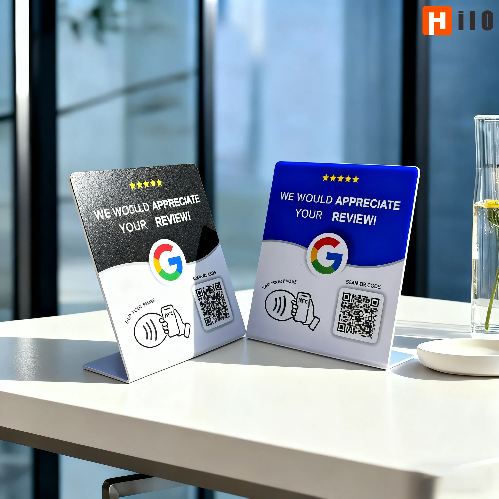 Hilo Programmable NFC 215 QR Code Google Review NFC Display Rack 13.56Mhz Five Star Rating System Customer Feedback Tool