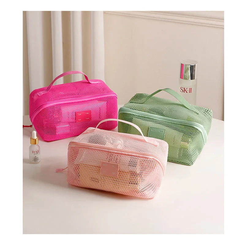 Net fabric makeup bag - Large capacity, portable, multi-functional, divided travel grooming storage bag