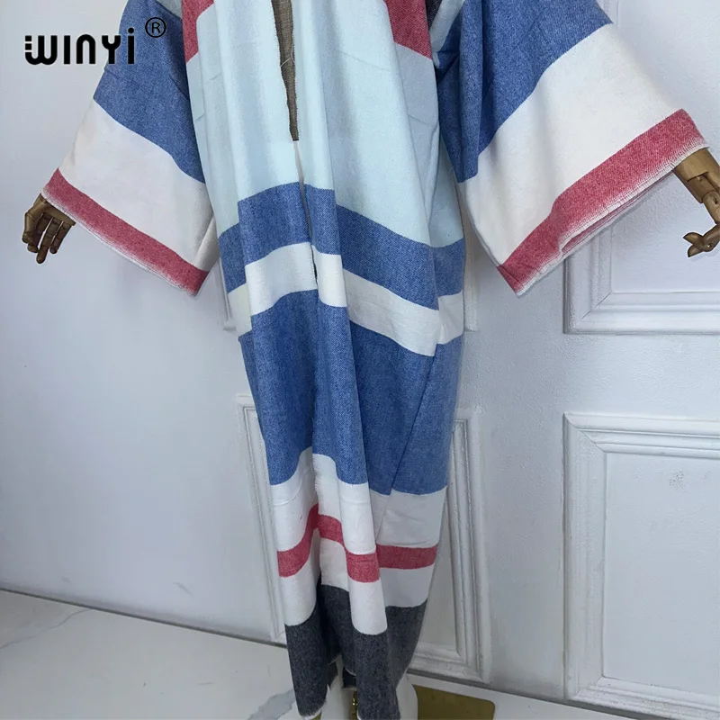 WINYI-Cardigan imprimé à rayures classiques pour femme, kimono africain, pardessus maxi, optique, manteau long chaud, mode moyen-orient, abaya, hiver