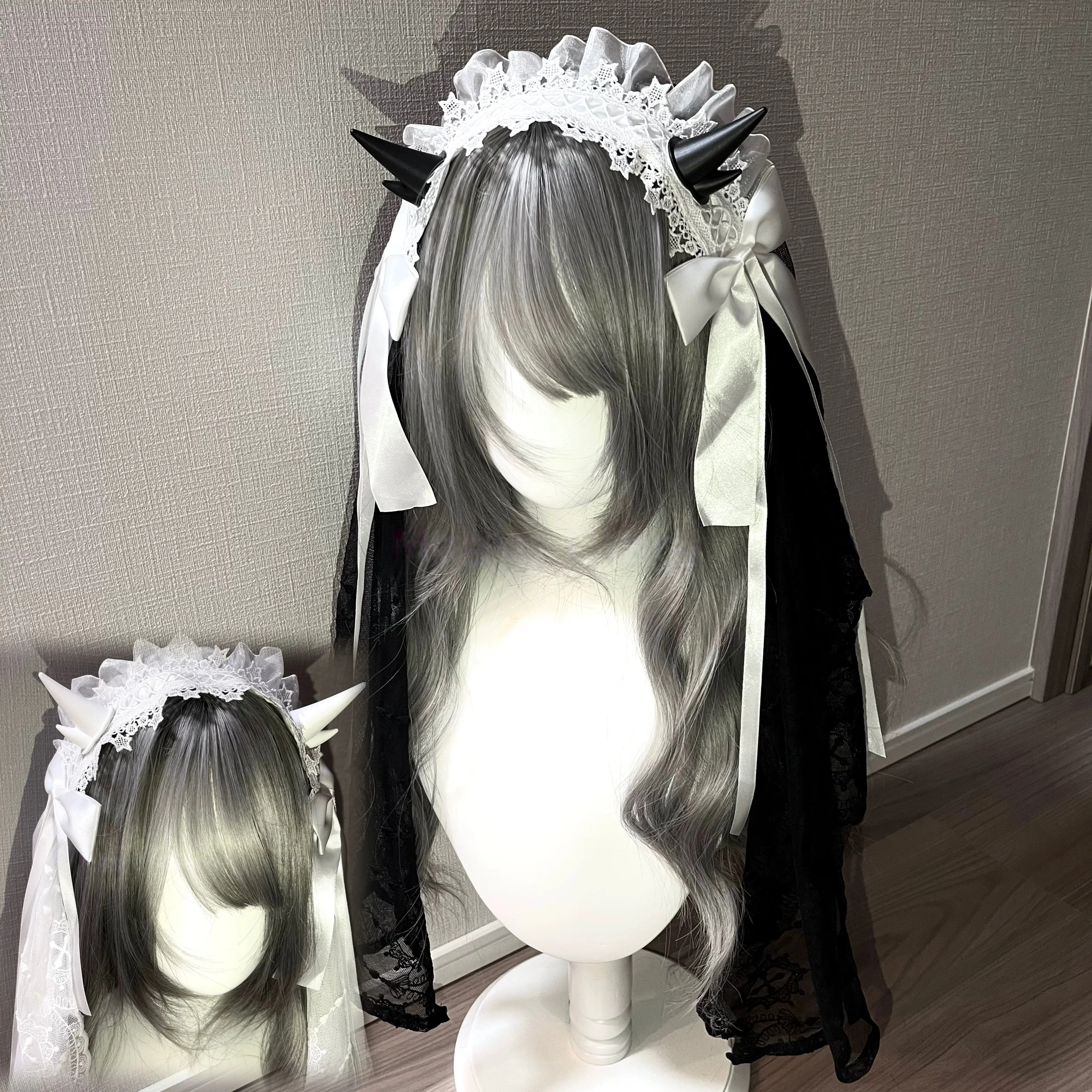 Original Handmad Evil Spirit Mist Veil Demon Horn Headpiece Lace Veil Gorgeous Headband Lolita KC Maid Hair Accessory