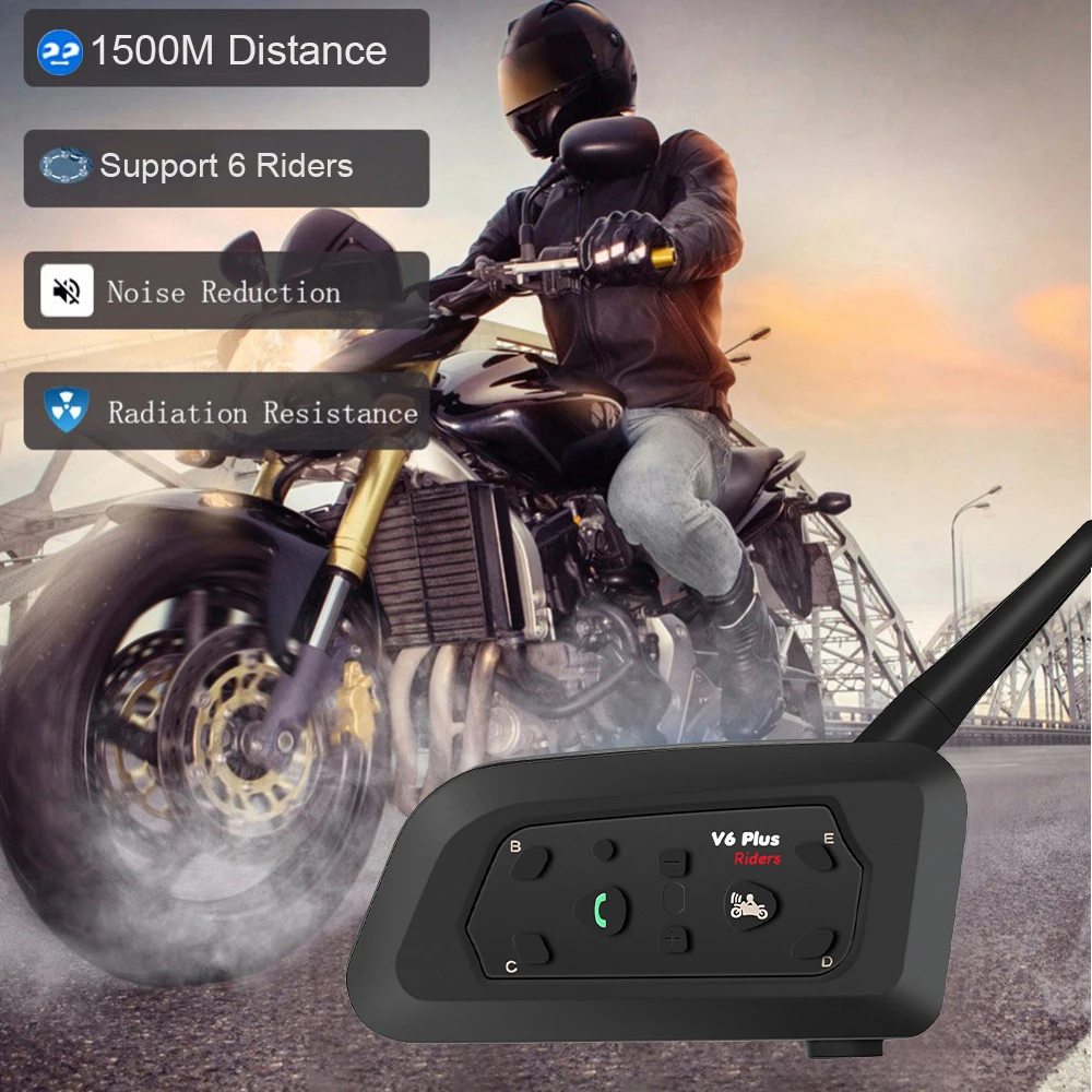 V6 Plus Motorcycle Helmet Bluetooth Headset Intercom 1500M for 6 Riders Communicator Interphone IP65 Waterproof Intercom