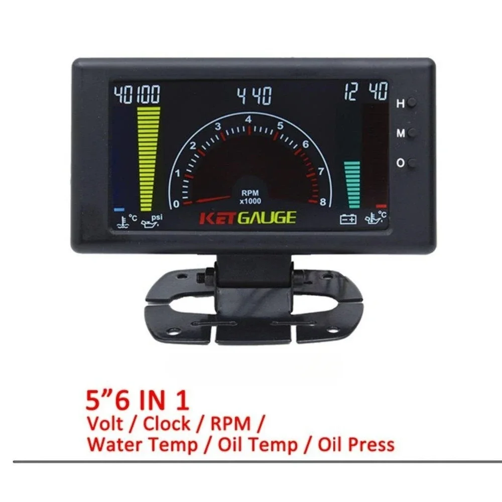 5-inch LCD Screen 6-in-1 Car Multifunctional Modification Instrument Water Temp Oil Temp Voltage Oil Pressure Tachometer Clock