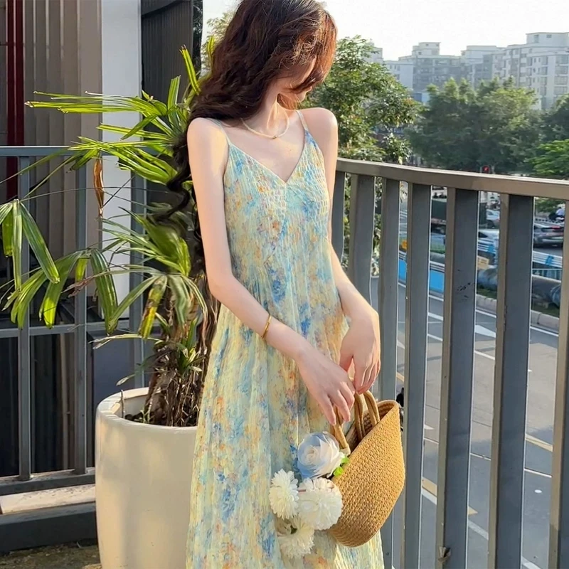 Vestido Maxi Tie Dye Azul y Amarillo Y2K para Mujer, Nuevo Modelo 2026, Cuello en V, Elegante, para Vacaciones, con Tirantes, Tela Texturizada, Fluido, Informal, para la Playa