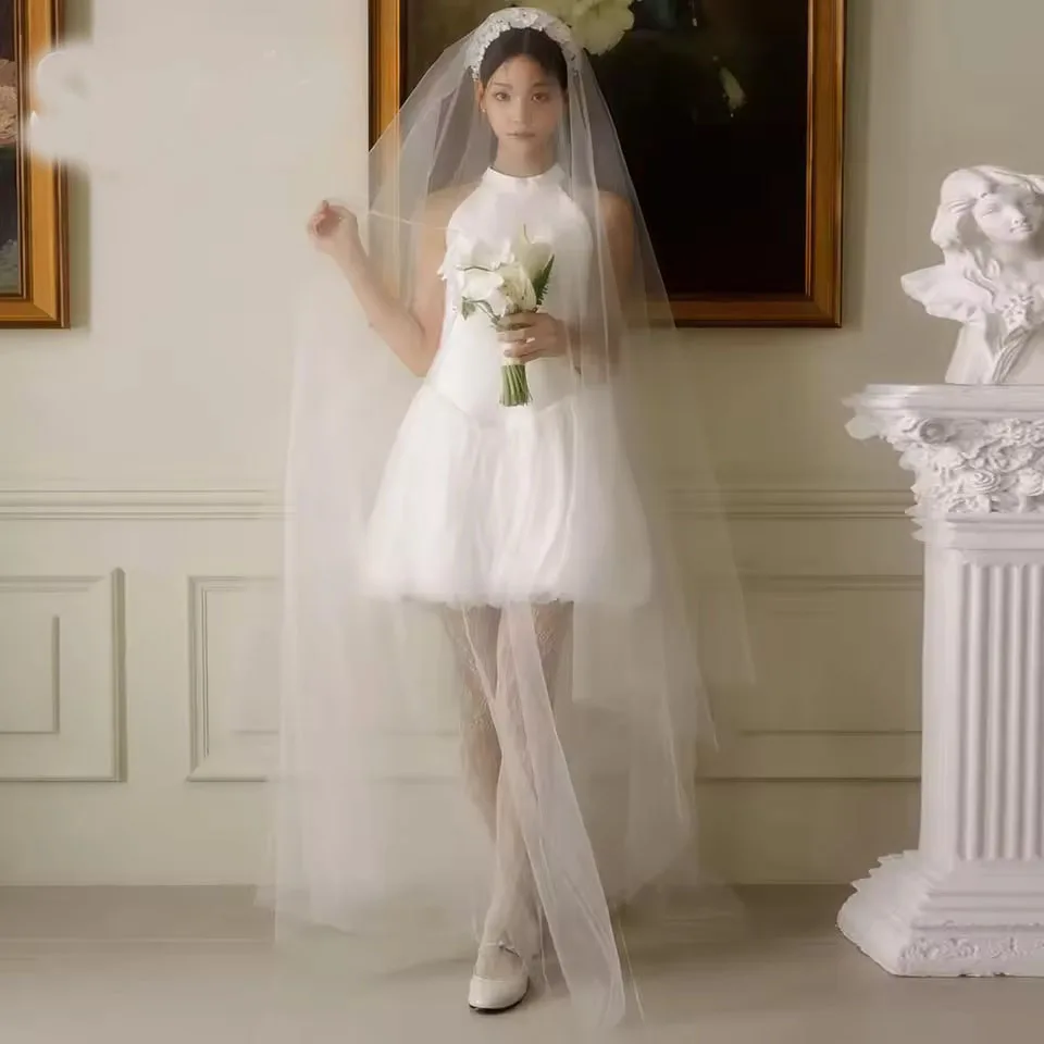 

Короткое свадебное платье без рукавов с круглым вырезом в корейском стиле, из шелкового атласа, для фотосессии, на заказ, для свадебной вечеринки