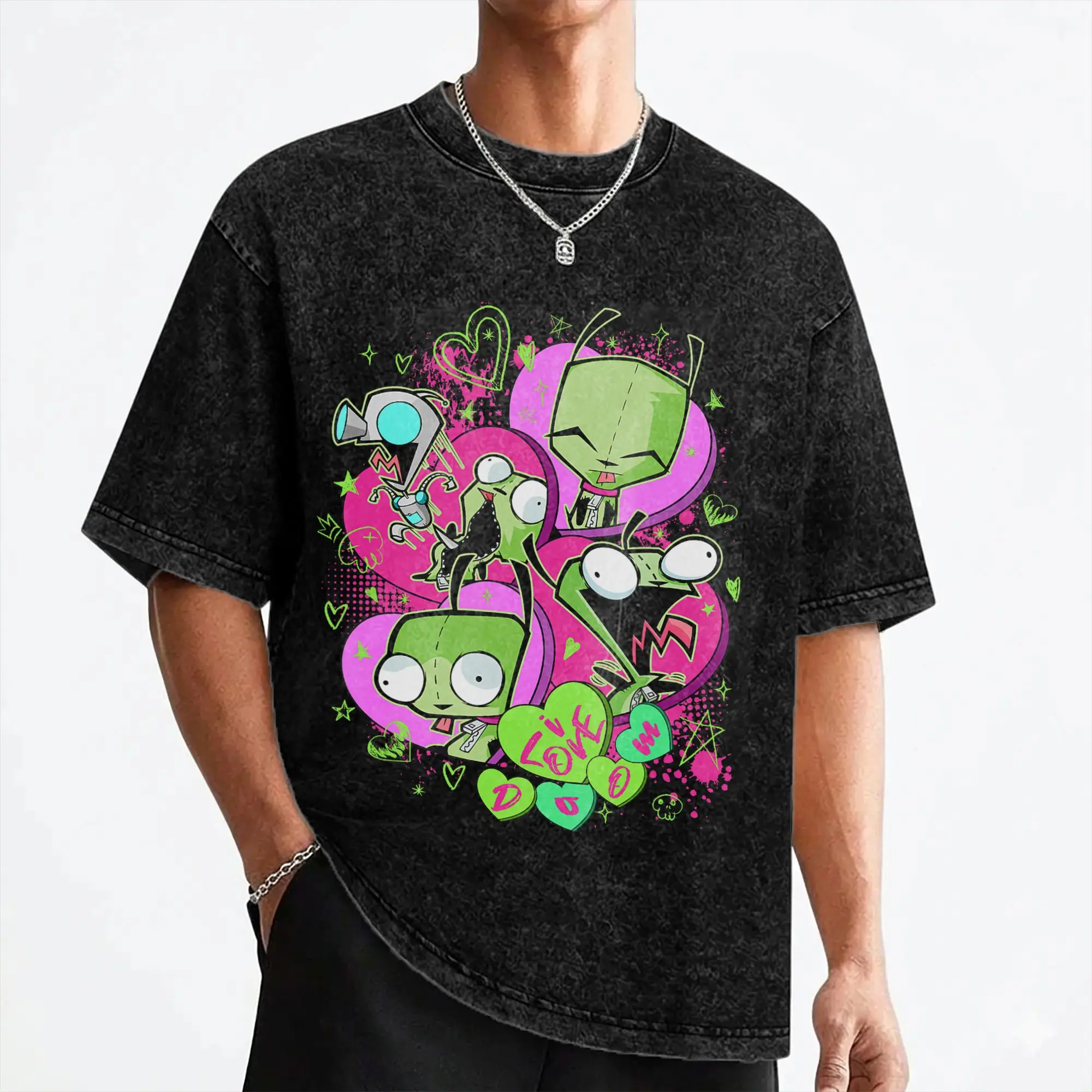 Invaders Zim Valentine's Day Gir Washed T Shirt Streetwear Vintage T-Shirts Tee Shirt for Men Women 100% Cotton