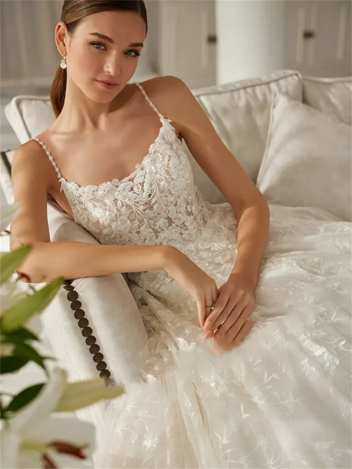 Flavinke 맞춤형 우아한 매력적인 민소매 웨딩 드레스 2025 레이스 아플리케 Tulle 스파게티 스트랩 A-line De Mariee