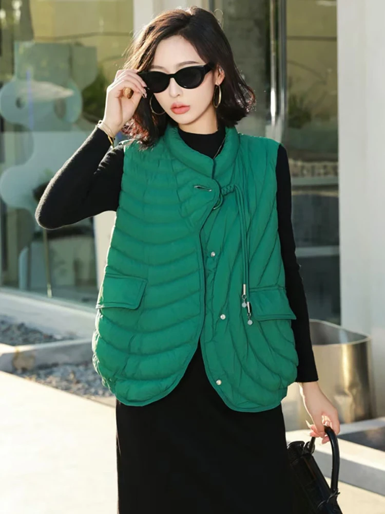 

Осень-зима, однотонный легкий пуховый жилет с круглым вырезом, женский однобортный стеганый жилет без рукавов, женский жилет на белом утином пуху