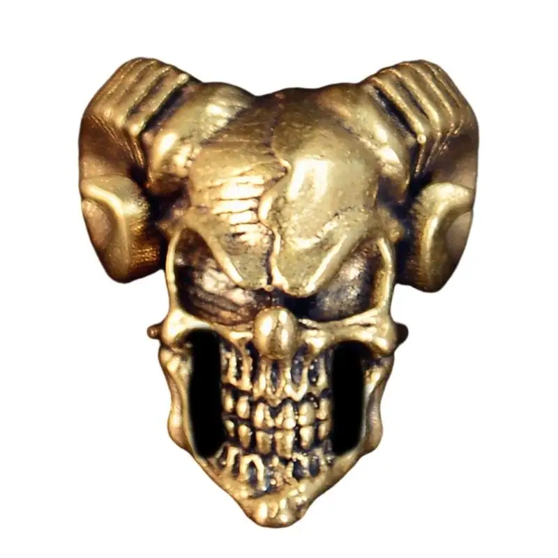 31BB Lanyard Pendant Bead With a Horned Skull Design and Large Through-Hole, Decorative Antiqued Metal-Look Accent, Pendant