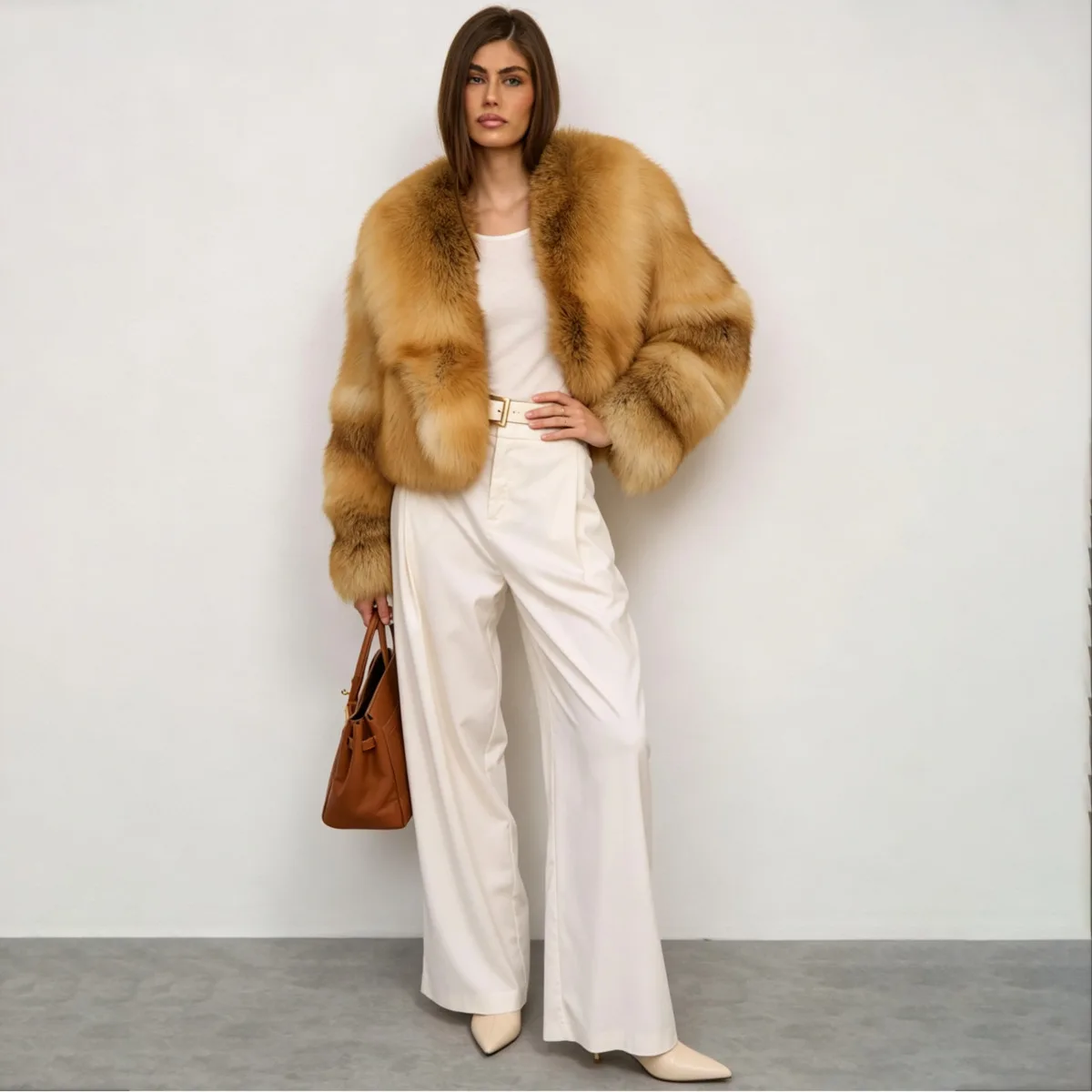 IG Mantel Bulu Asli Wanita Warna Coklat Gradasi, Jaket Bulu Pendek Model Crop, Kancing Depan Terbuka, Lengan Panjang, Luaran Bulu Imitasi Mewah dan Tebal