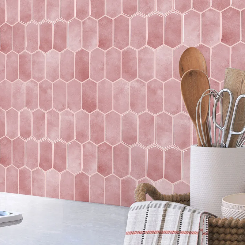5PCS Self Adhesive Ceramic Tile Hexagonal Pink Decoration Living Room TV Background Wall Balcony Kitchen Bathroom Wall Sticker