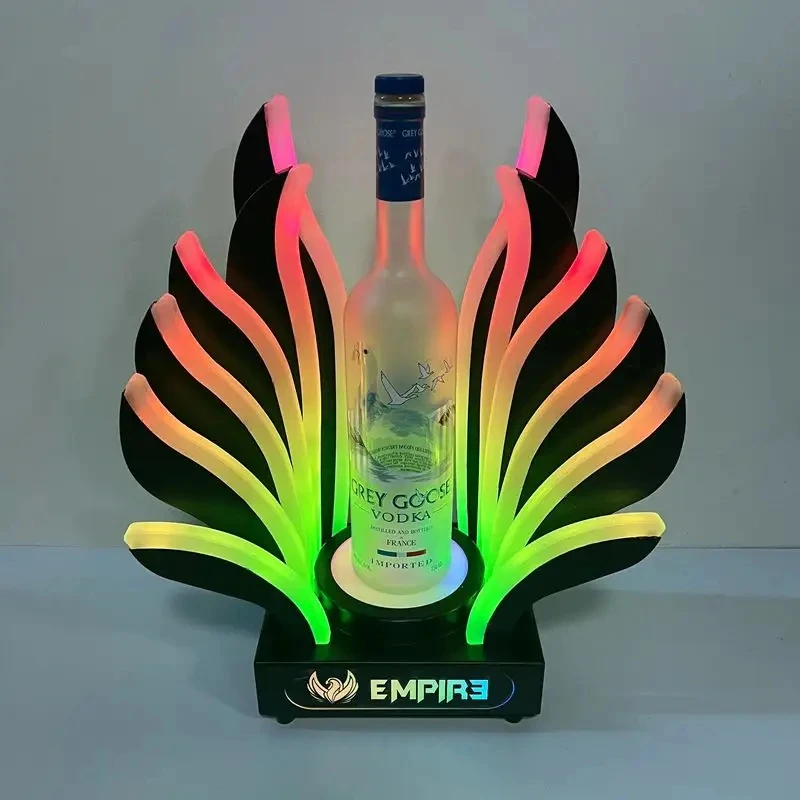 

Custom Nightclub Led Champagne Bottle Presenter logo colorful Peacock Tails Display Bird Rainbow Wings LED Bottle Glorifier Sign