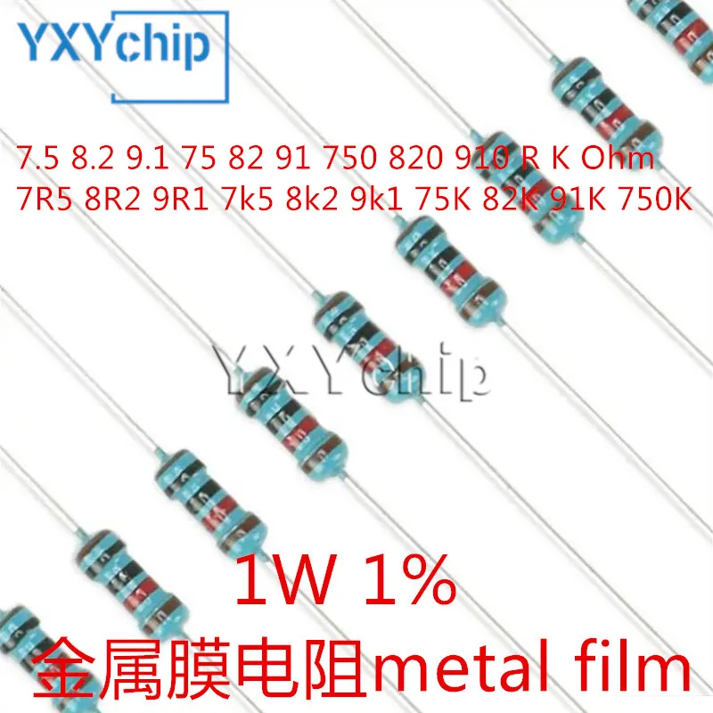 20PCS 1W Metal Film Resistor 1% 7.5 8.2 9.1 75 82 91 750 820 910 R K Ohm 1% Resistance 7R5 8R2 9R1 7k5 8k2 9k1 75K 82K 91K 750K