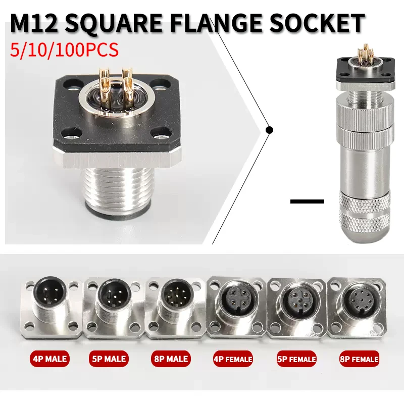 5/10/100 SETS M12 connector square flange socket sensor male female butt plug 3/4/5/8/12 pinswaterproof aviation plug