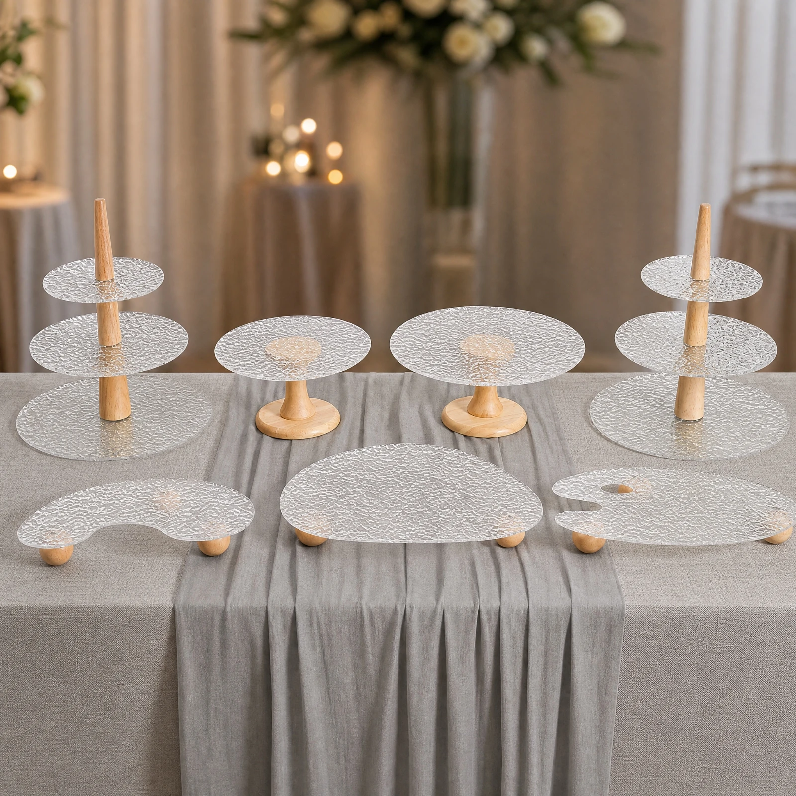 7 Pieces Cake Display Platter Elegant Dessert Tray with Rubberwood Pedestal Base Clear Textured Acrylic Cake Stand Long-Lasting