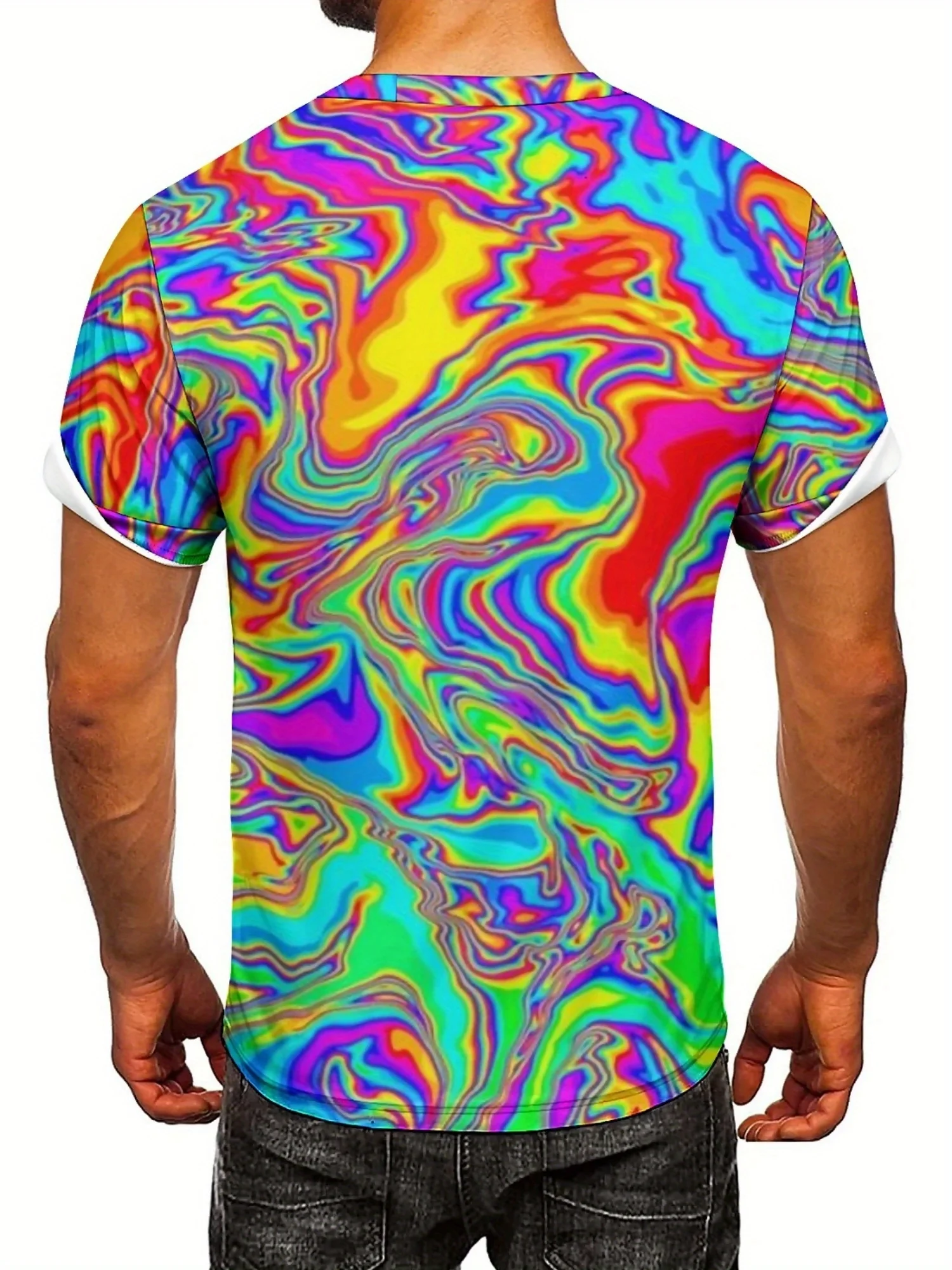 Camiseta masculina vibrante tie-dye com estampa 3D de manga curta estilo punk divertido, tecido de poliéster leve e respirável
