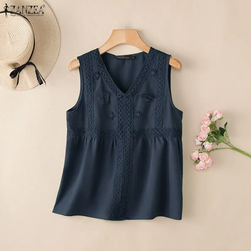 ZANZEA Sommer-Tanktops ohne Ärmel, stilvolle Damen-Tops mit V-Ausschnitt, elegante Spitzen-Patchwork-Urlaubsbluse, lässige, lockere Strand-T-Shirts – Detail 11