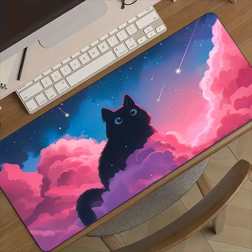 Alas Mouse Desain Ilustrasi Kucing Romantis dengan Tepi Jahitan, Alas Meja dengan Dasar Karet Anti-Selip, Aksesoris PC, Alas Gaming, Mousepad