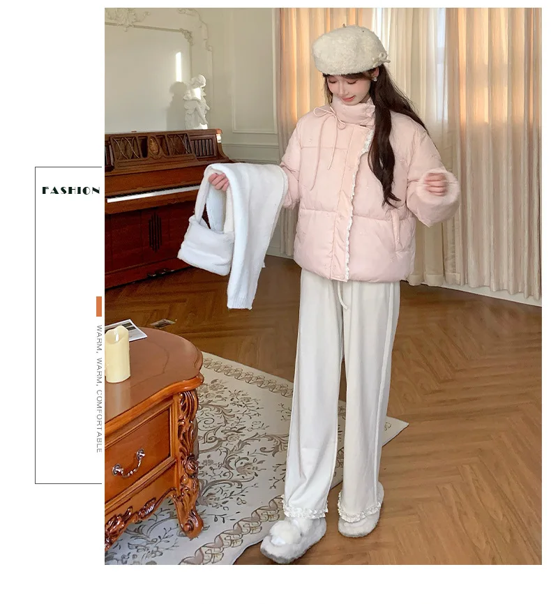 Sweet Pink Bow Stand Collar Puffer Jacket Women Korean Lace Spliced Thick Outerwear Students Winter Warm Cropped Cotton Jackets