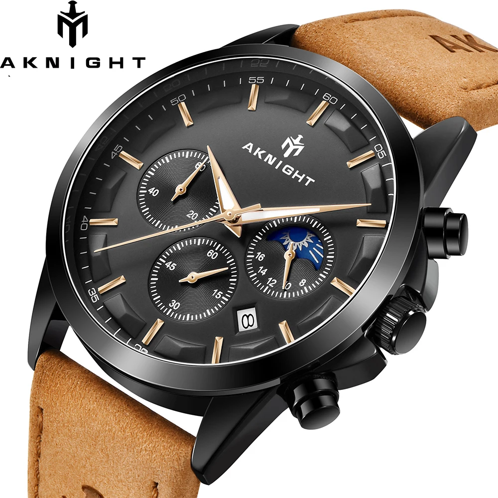 AKNIGHT 2022 Men’s Watch Quartz Movement Stainless Steel Genuine Leather Strap Busness Sport Waterproof  Watches Reloj Hombre