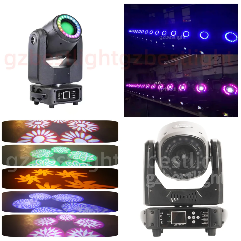 150W Moving Head Beam Spot Wash Stage with Ring Strip 9 Gobos Patterns 8 Colors DMX Control with 24x3w for DJ Club Party Show