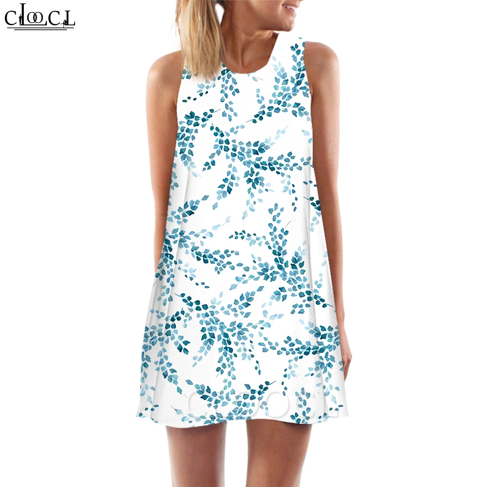 

CLOOCL New Fashion Women Tank Dress Green Plants Pattern 3D Printed Loose Waist Sleeveless Dress Summer Beach Style