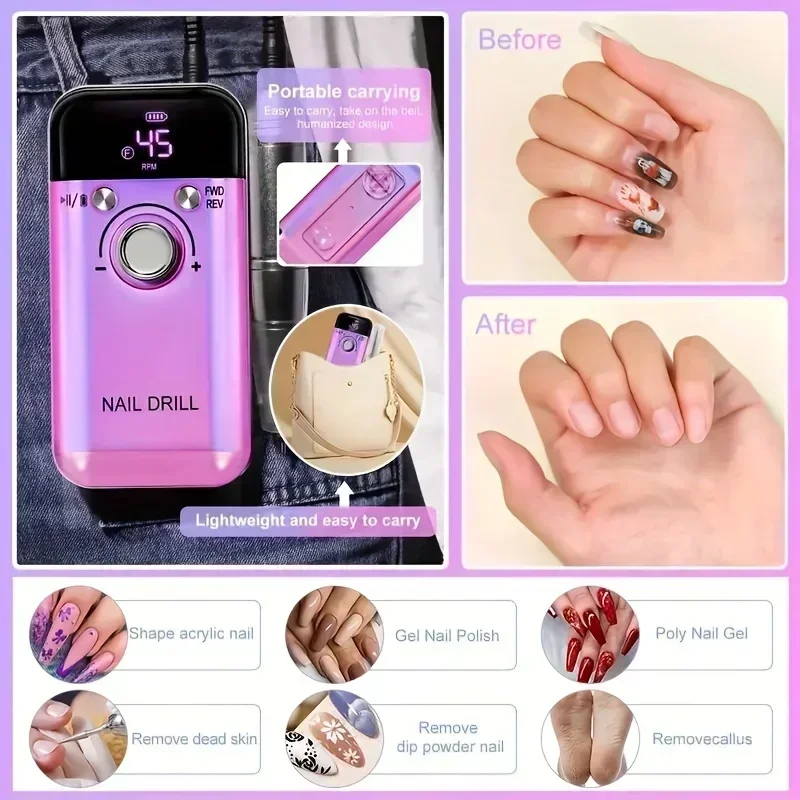 Nail polishing machine 45000 rpm, rechargeable portable electric nail polisher.