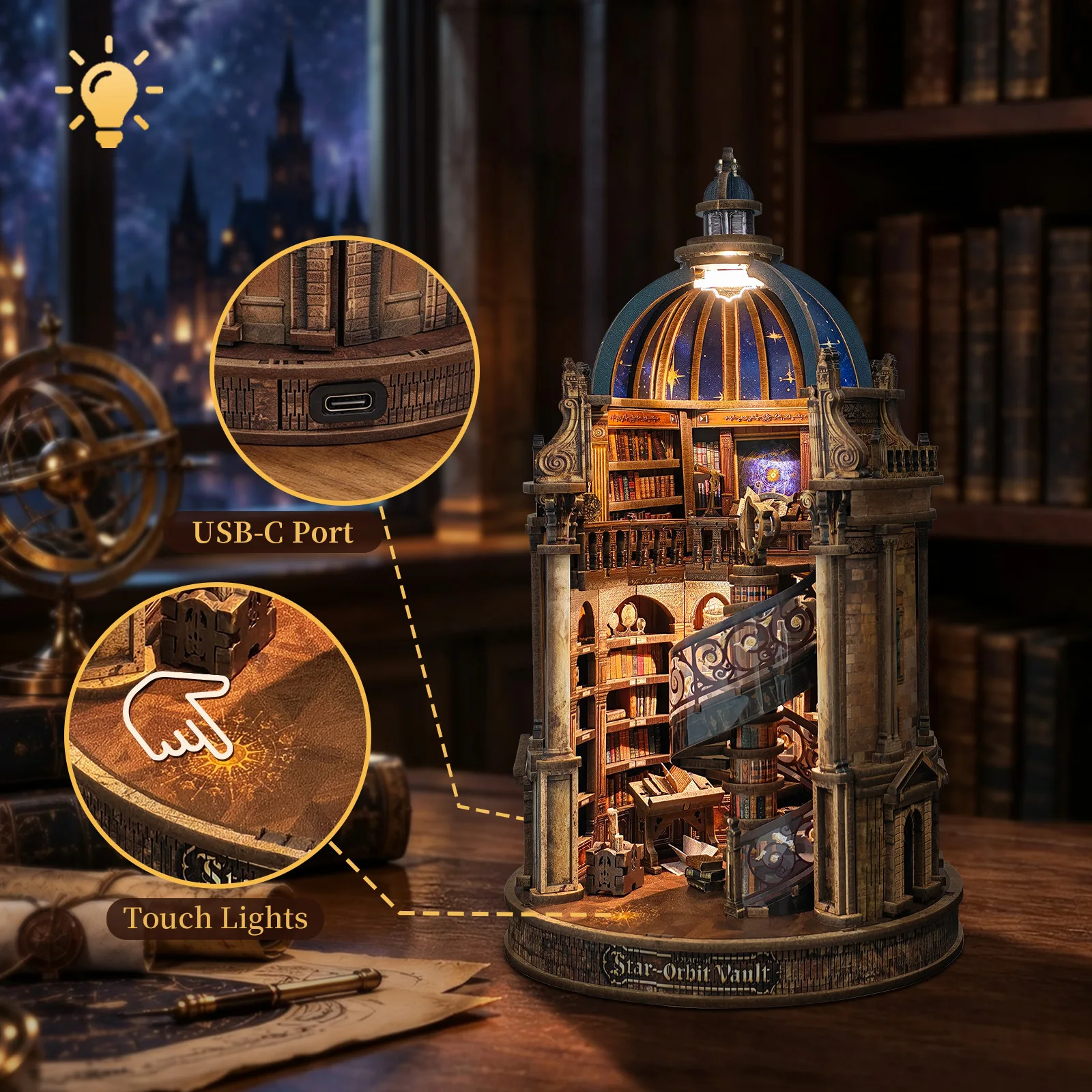 DIY Celestial Library 3D Wooden Puzzle Mini House Model Assembly Kit With Touch LEDLight Handmade Craft Creative Home Decor Gift