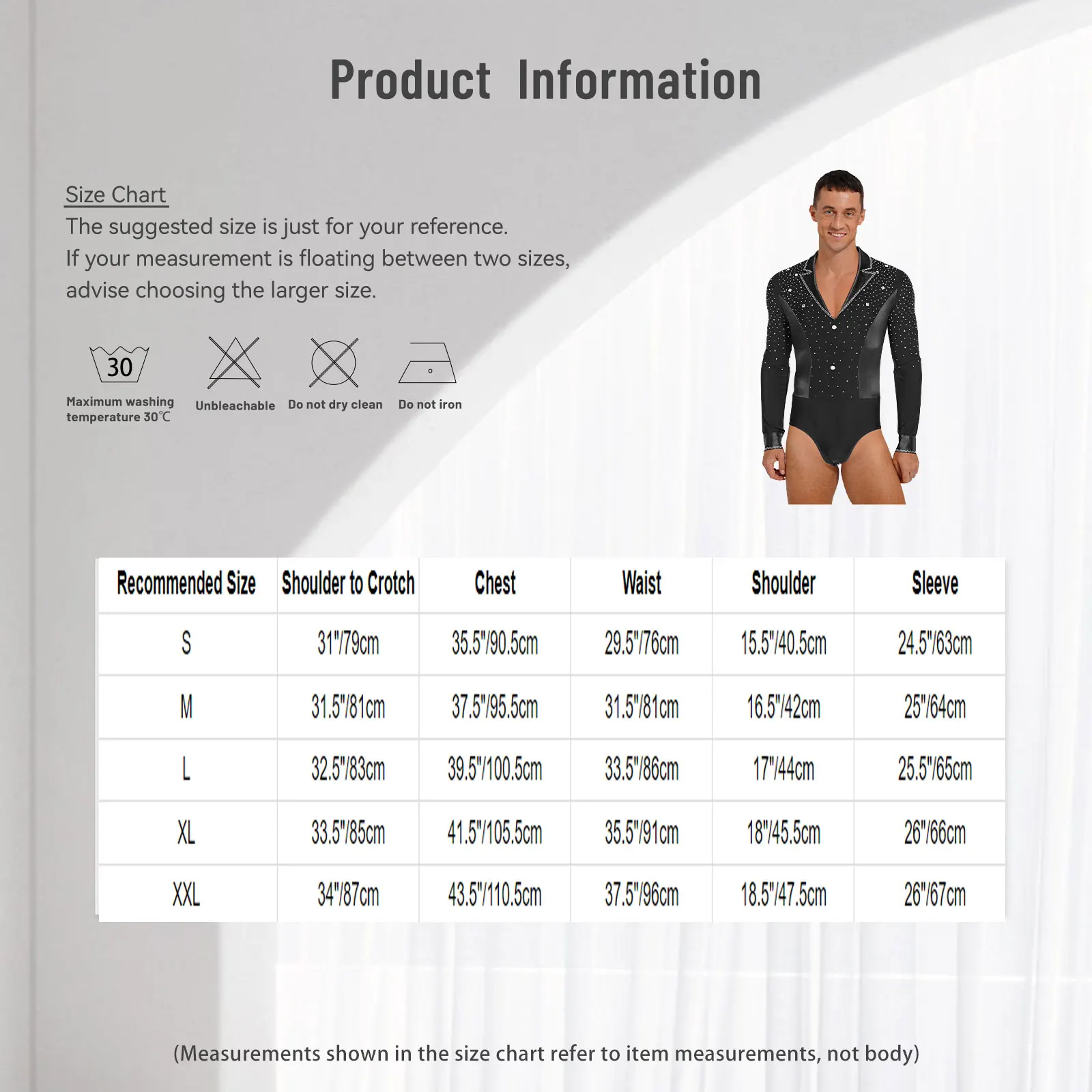 Mens Latin Tango Dance Bodysuit Shirt Glittery Rhinestone Lapel V Neck Long Sleeve Leotard Jumpsuit for Chacha Figure Skating