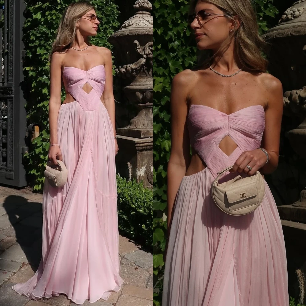 

Customized Simple Chiffon Sweetheart Evening Dress Exquisite Pink Prom Dresses Temperament Sweep Train Special Occasion Gowns