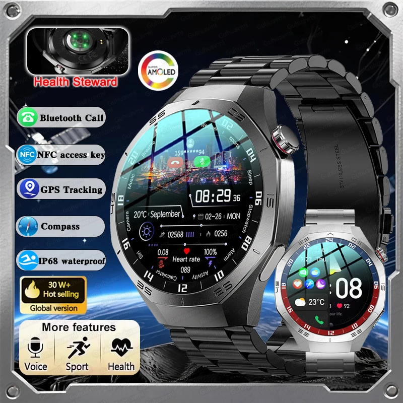 

2025New For Android and ios Smart Watch Men AMOLED Screen GPS Motion trajectory Heart Rate Bluetooth Calls SmartWatch Waterproof