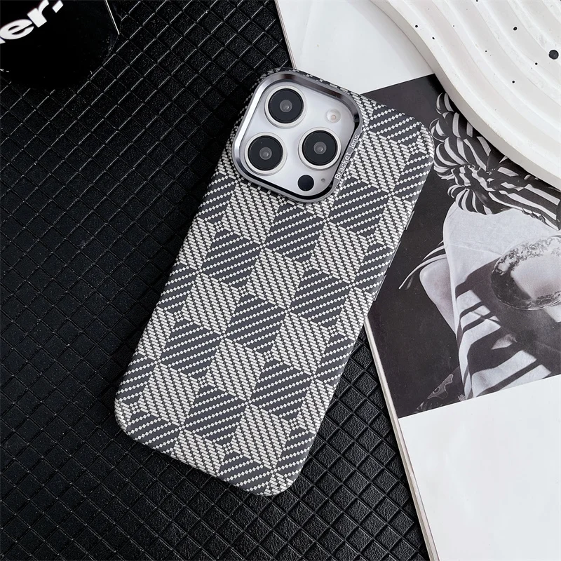 

Alloy Lens Hit Bracket Carbon Fibre MagSafe Phone Case for iPhone 13 15 14 16 Pro Max Wireless Charging 3D Relief Hard PC Cover