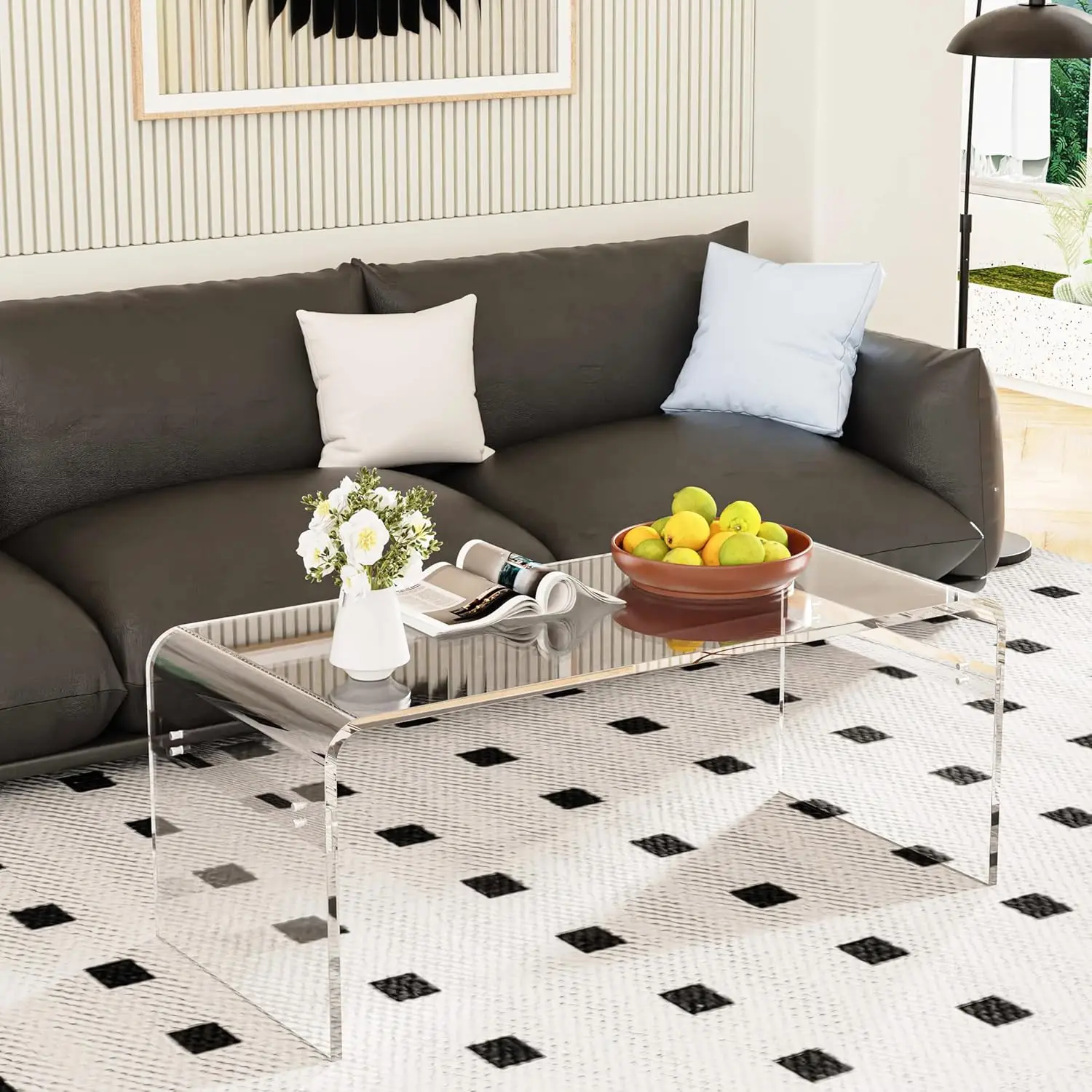 

Прямоугольный журнальный столик из премиального прозрачного акрила, 44 дюйма, для гостиной, в стиле середины века, прозрачный, низкий, с эффектом водопада, на заказ