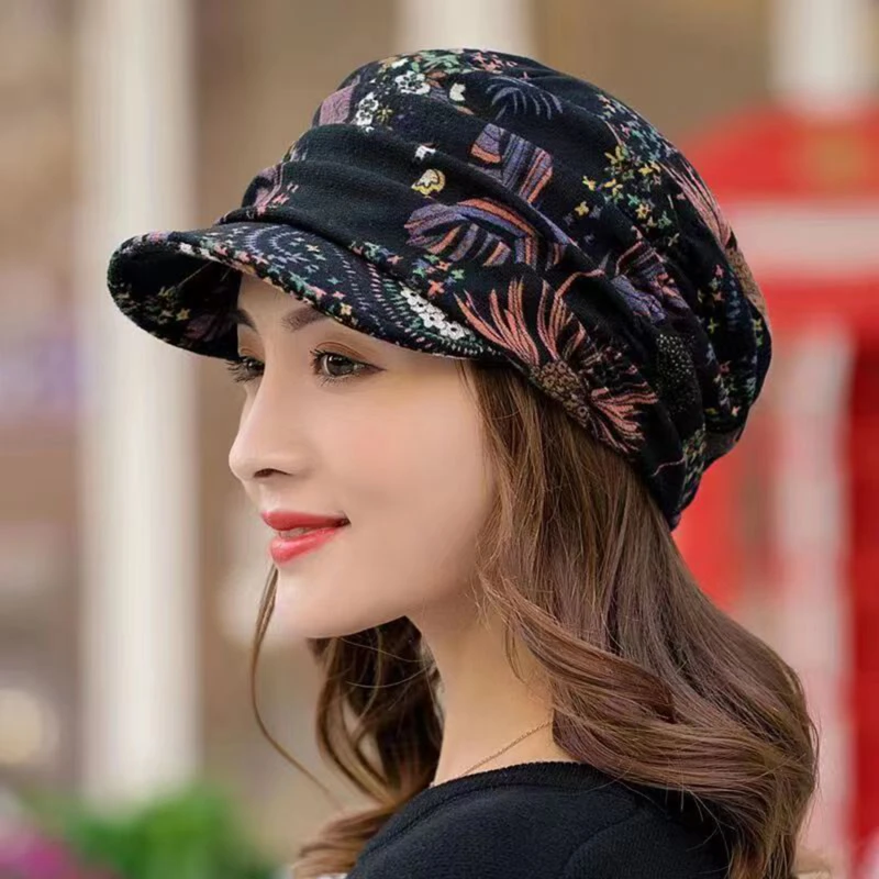 1PC Women Hat Short Brim Warm Foldable Earflap Cap Ethnic Style Floral Print Autumn Winter Hat Duck Tongue Caps 2025 NEW