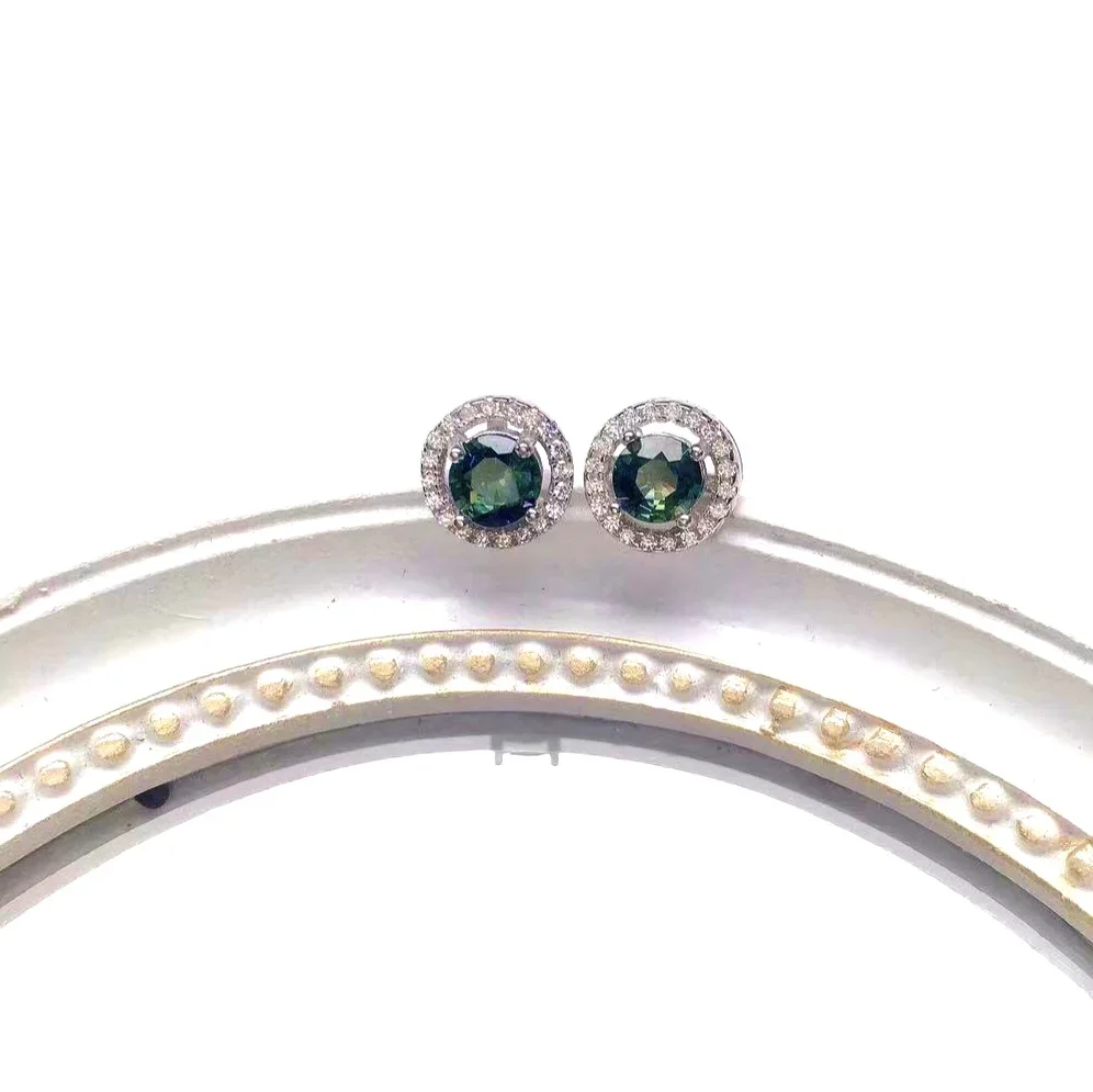 Classic 925 Silver Gemstone Stud Earrings 100% Natural Green-blue Sapphire Silver Earrings Sterling Silver Sapphire Earrings