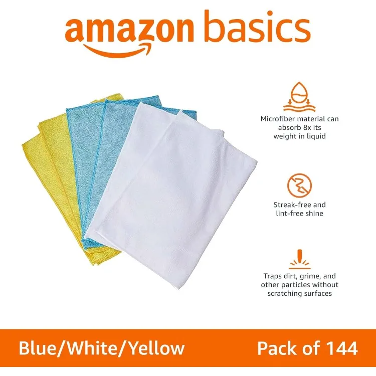 Microfiber Cleaning Cloths, Non-Abrasive, Reusable and Washable, Pack of 144, Blue/White/Yellow, 16