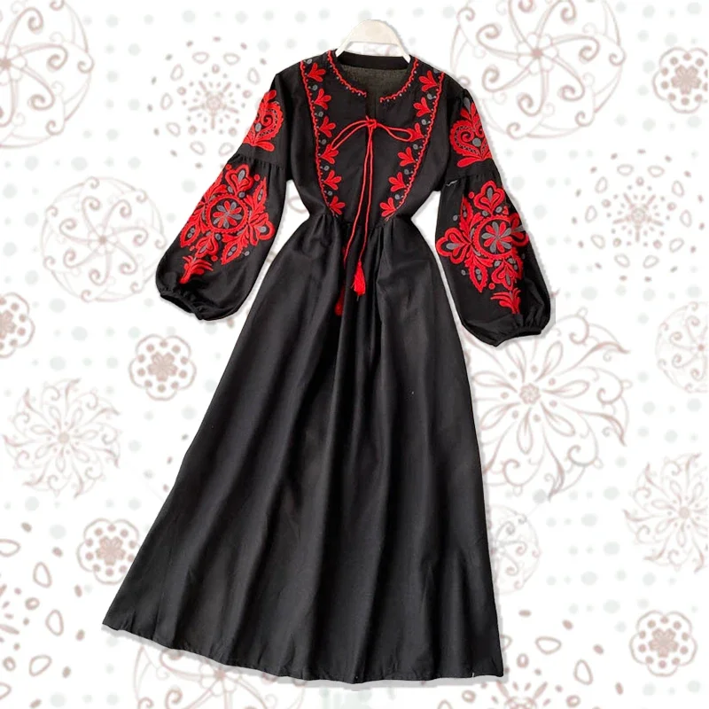 جديد الخريف الشتاء المرأة الرجعية العرقية فستان مطرز فانوس الأكمام البوهيمي فستان مناسبات المرأة طويلة الأكمام بلوزات بيضاء