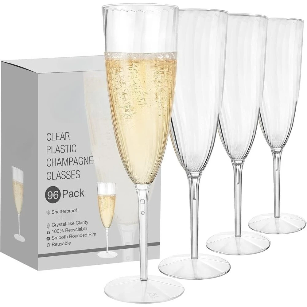 Paquete de 96 Vasos de Plástico Premium para Champán, 6 oz, Transparentes, Desechables, de una Pieza, Caja Económica