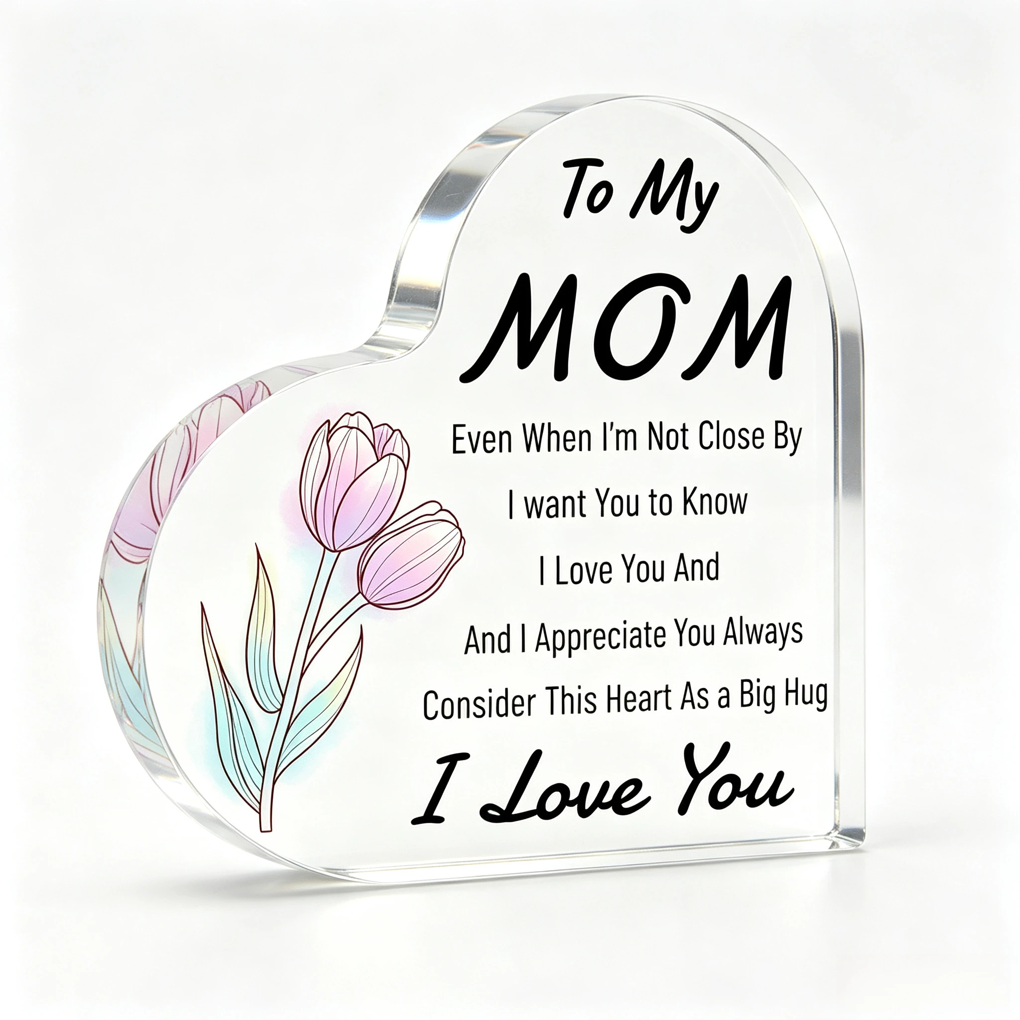 Soft Pink Tulip Heart‑Shaped Acrylic Ornament, Mom Birthday Long Distance Tabletop Decor