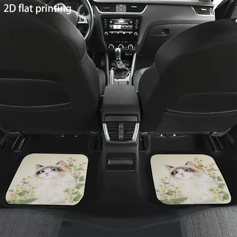4pcs Car Floor Mats, Featuring Illustrations Of Cats And Daisies, Universal Car Mats, Made Of Polyester Fiber, Easy To Clean, Wa
