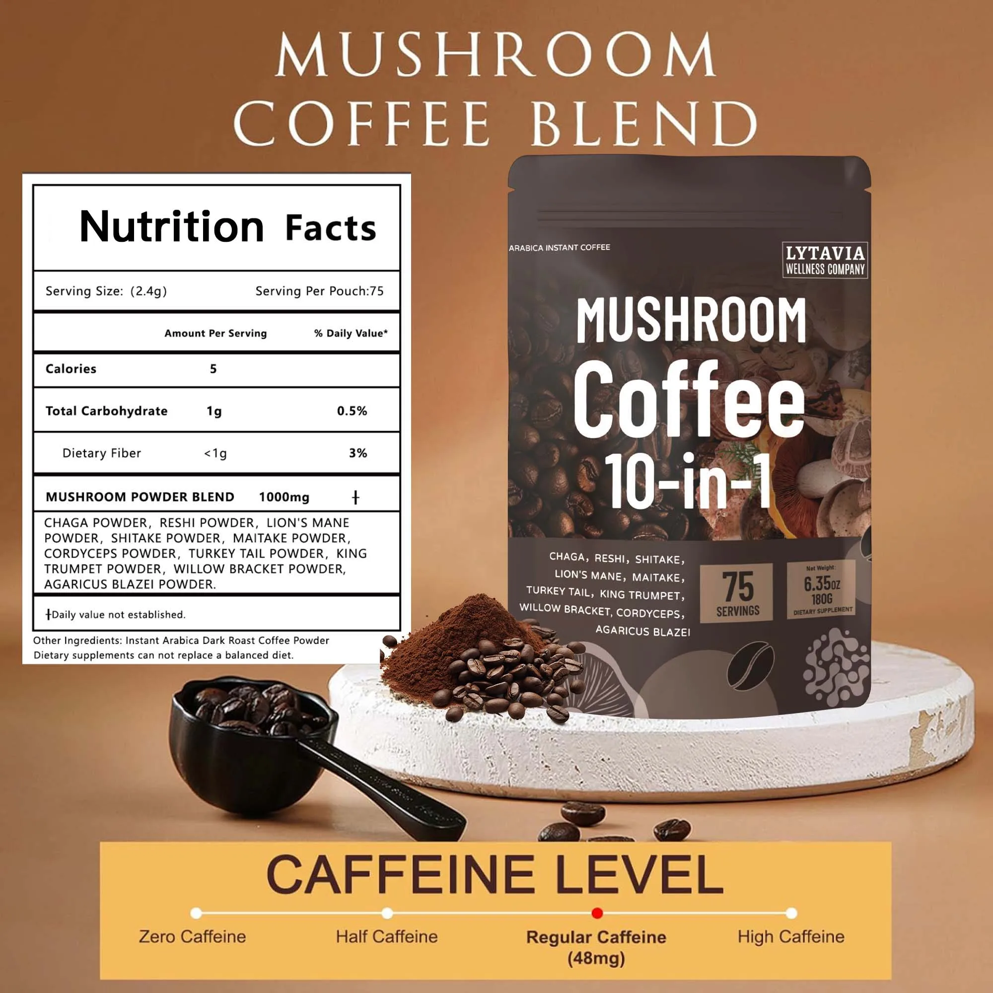 Café champignon avec 10 champignons adaptogènes et huile MCT, café instantané cultivé aux États-Unis, avec queue de dinde, Shiitake, crinière du Lion