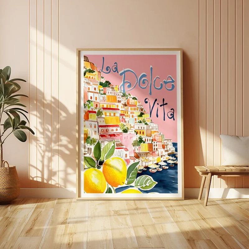 La Dolce Vita Lemon Posters and Prints Retro Spritz Canvas Painting Santorini Italy Travel Wall Art for Room House Decor Gift