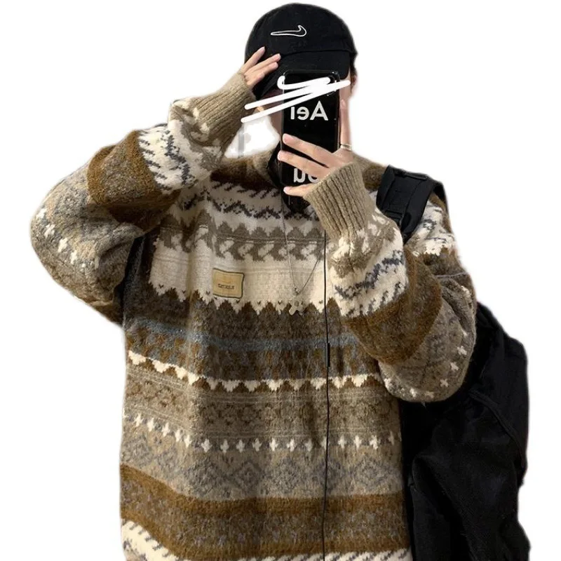 Unisex Sweater 2025 Autumn Winter Men's Thickened Lazy Style Sweater Retro Crew Neck Loose Trendy Ins Casual Knitwear