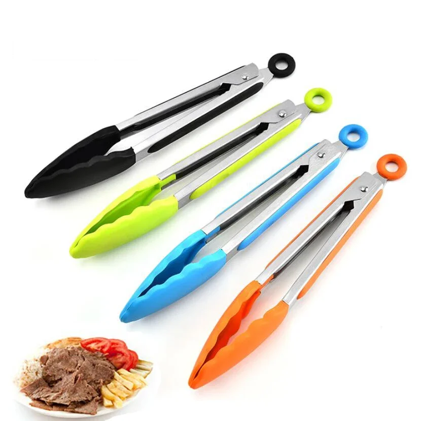 Pinzas de silicona para alimentos, pinzas de cocina de acero inoxidable, Clip de cocina antideslizante de silicona, herramientas para ensalada de barbacoa, accesorios de cocina para parrilla