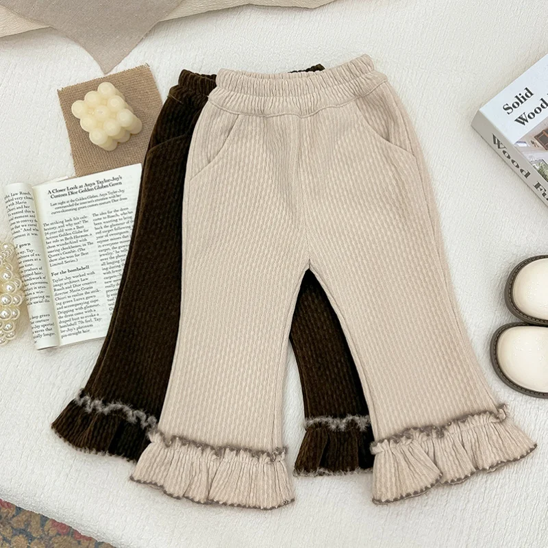 

Girls' Leggings2024Autumn and Winter Fashionable Pants All-Matching Baby Girl Sweet Lace Fleece-lined Bell-Bottom Pants