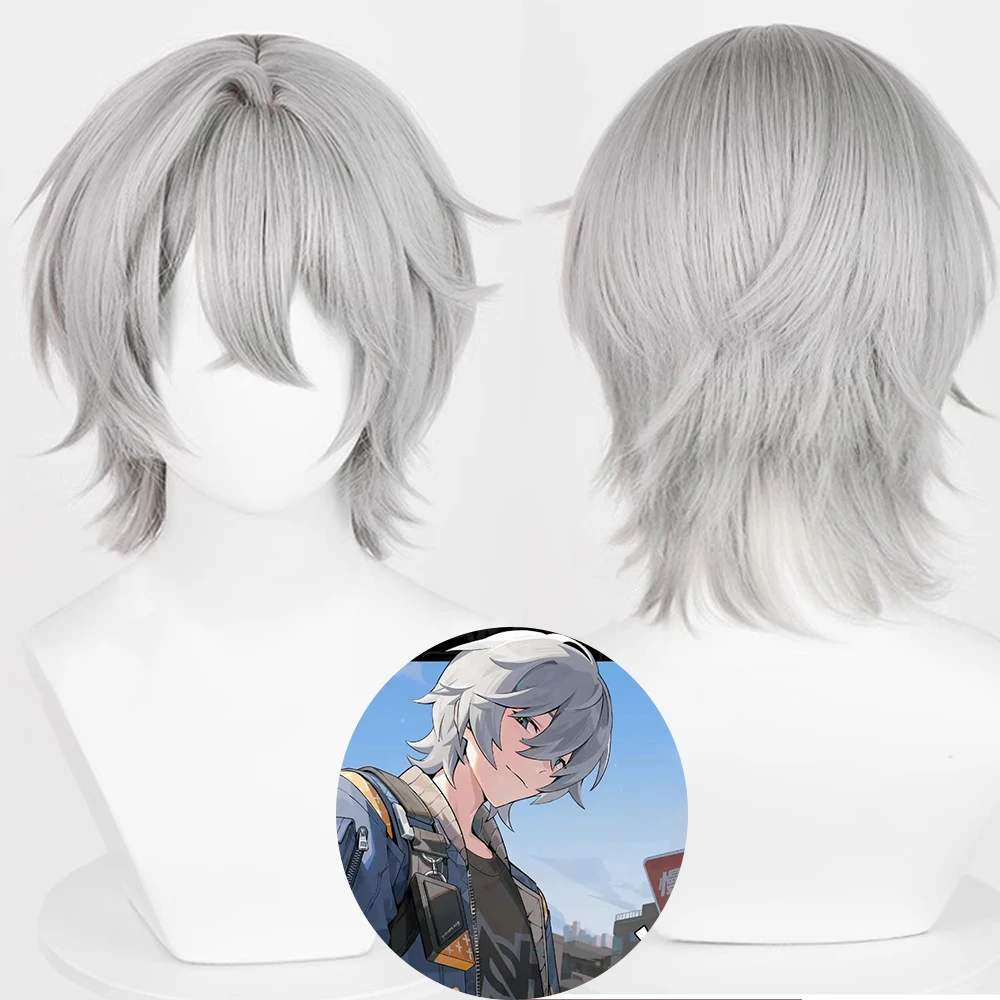 

Grey Purple Anime Game Cosplay Synthetic Wig with Bangs Short Straight Fluffy Women and Men Wig for Daily Party