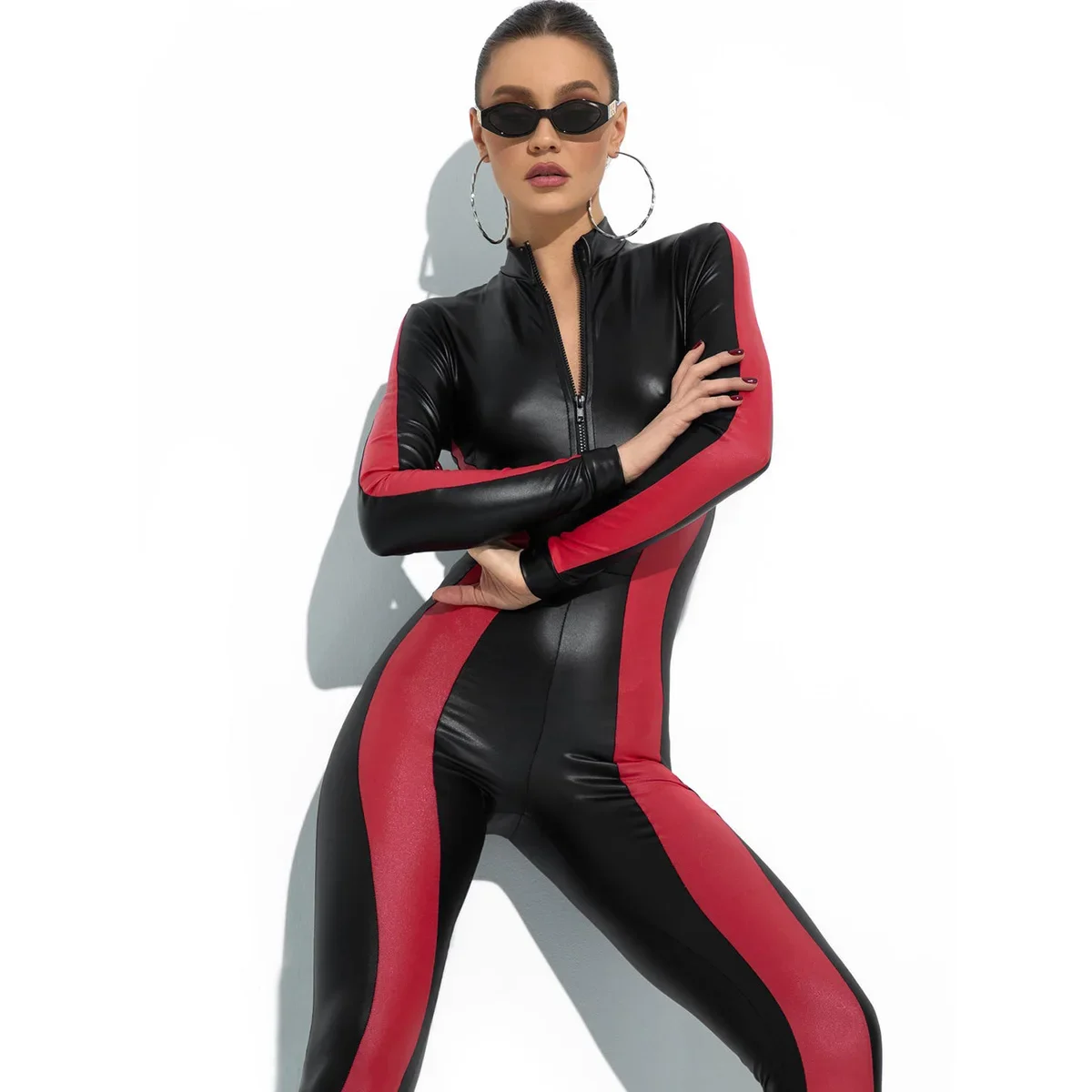 Gymdolphins 2024 Women's Contrast Color Tight Fitting Overall Zippered High Neck Long Sleeve Jumpsuit Sports Yoga Bodysuits