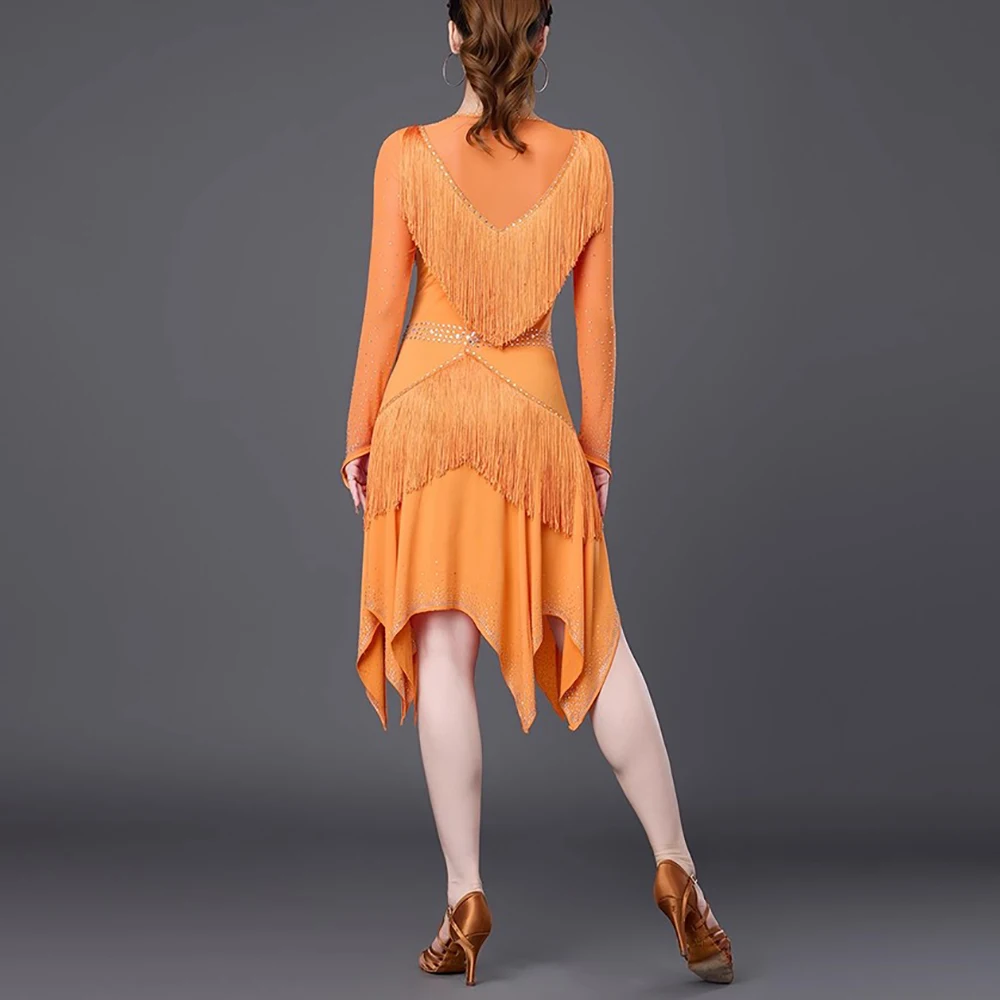 여성용 라틴 댄스 드레스 프린지 살사 룸바 차차 댄스웨어 긴 소매 볼룸 대회 드레스